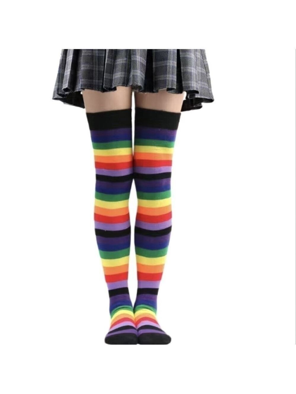 🌈 Socks--Rainbow Striped Thigh-Highs with Toe & Heel in Red or Black or Purple
